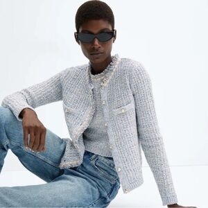 Mango Tweed Pearl Button Cardigan